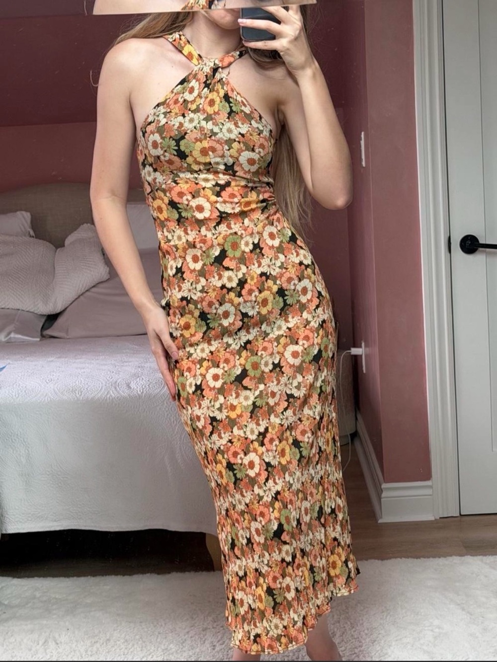 Mango Floral Halter Midi Dress in Orange, Cream & Green